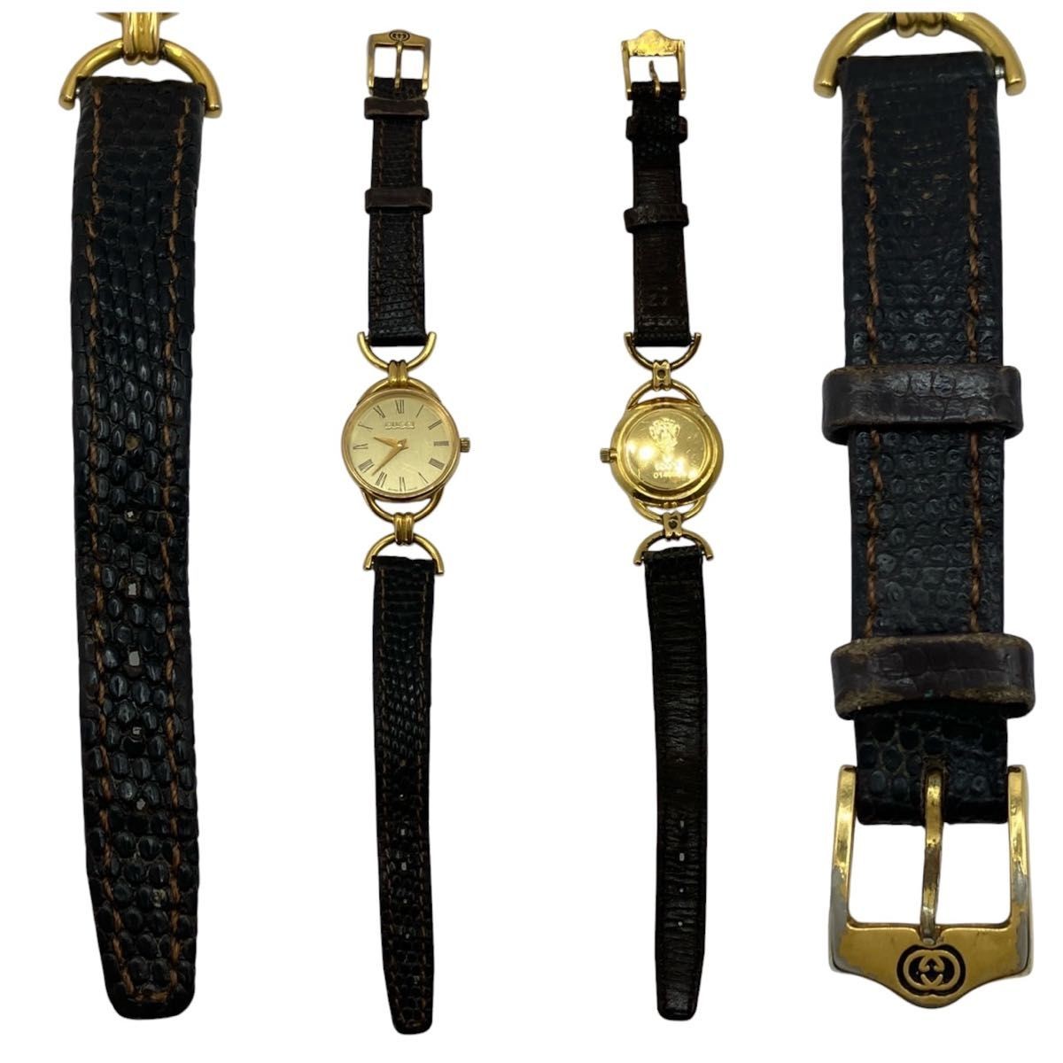 Working GUCCI watch gold dial quartz leather belt 6000L