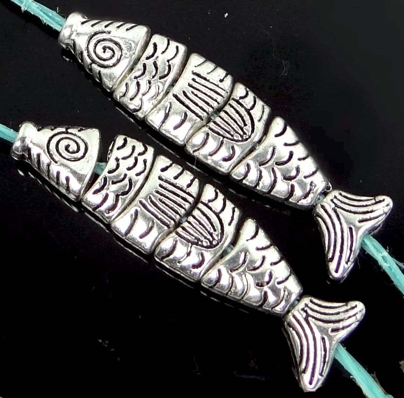 2 Greek Worry Fish Silver Pewter Assembling Focal Pendant Bead 35x8mm – small