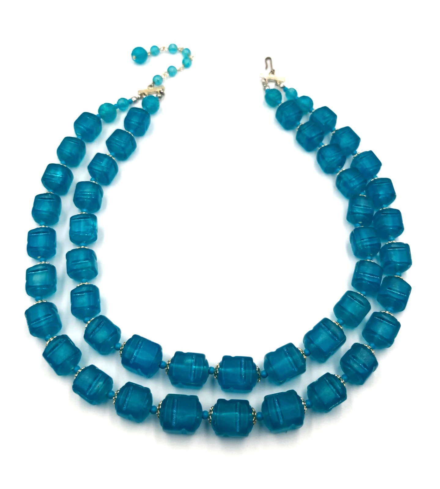 VINTAGE 50’S Double STRAND Turquoise Blue Lucite Square BEADED NECKLACE 20.5in