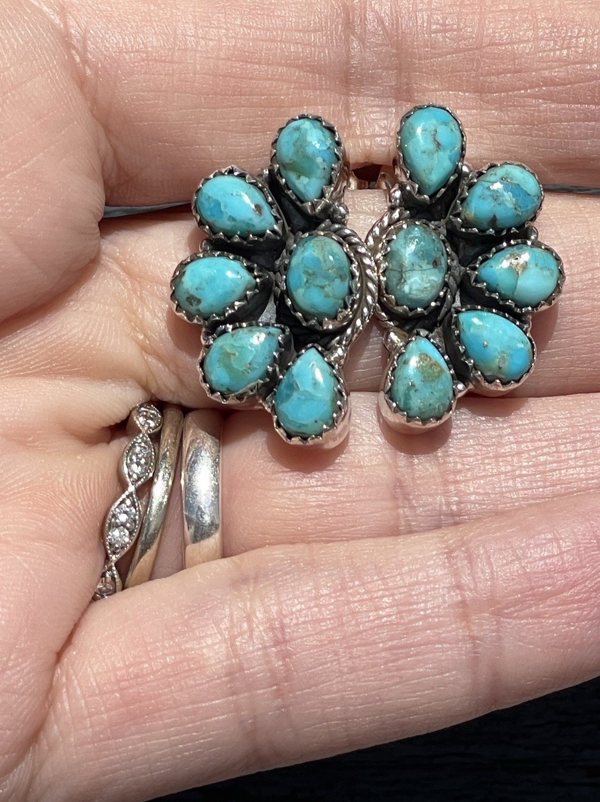 Native American Style Sterling Silver Turquoise Half Cluster Earrings Southwest