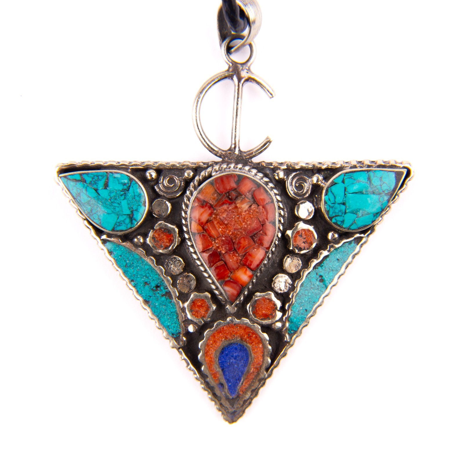 Tibetan Pendant, Tazerzit Pendant, Turquoise Stone Amulet, Coral & Lapis Lazuli