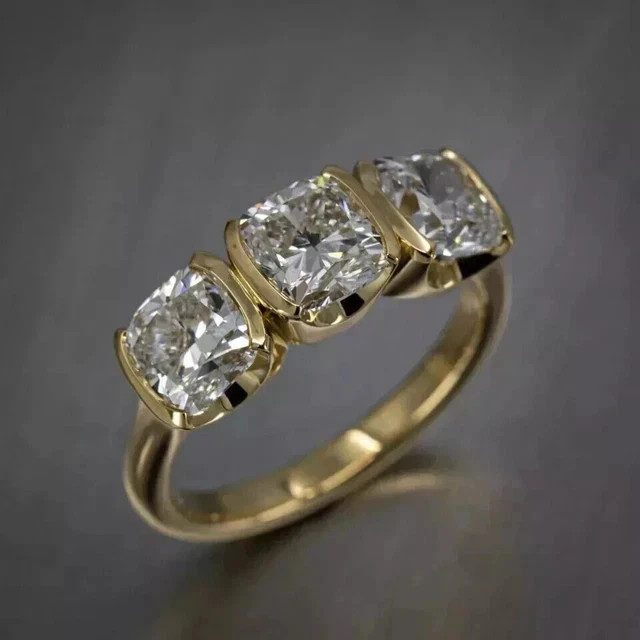 3Ct Cushion Cut Lab Created Diamond 3 Stones Women’s Ring 14K Yellow Gold Plated