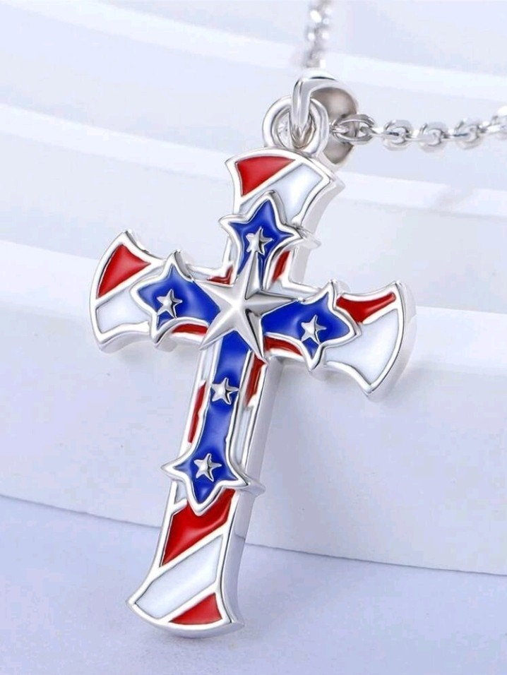 Silver-Plated Zinc Necklace Red White Blue Star Cross