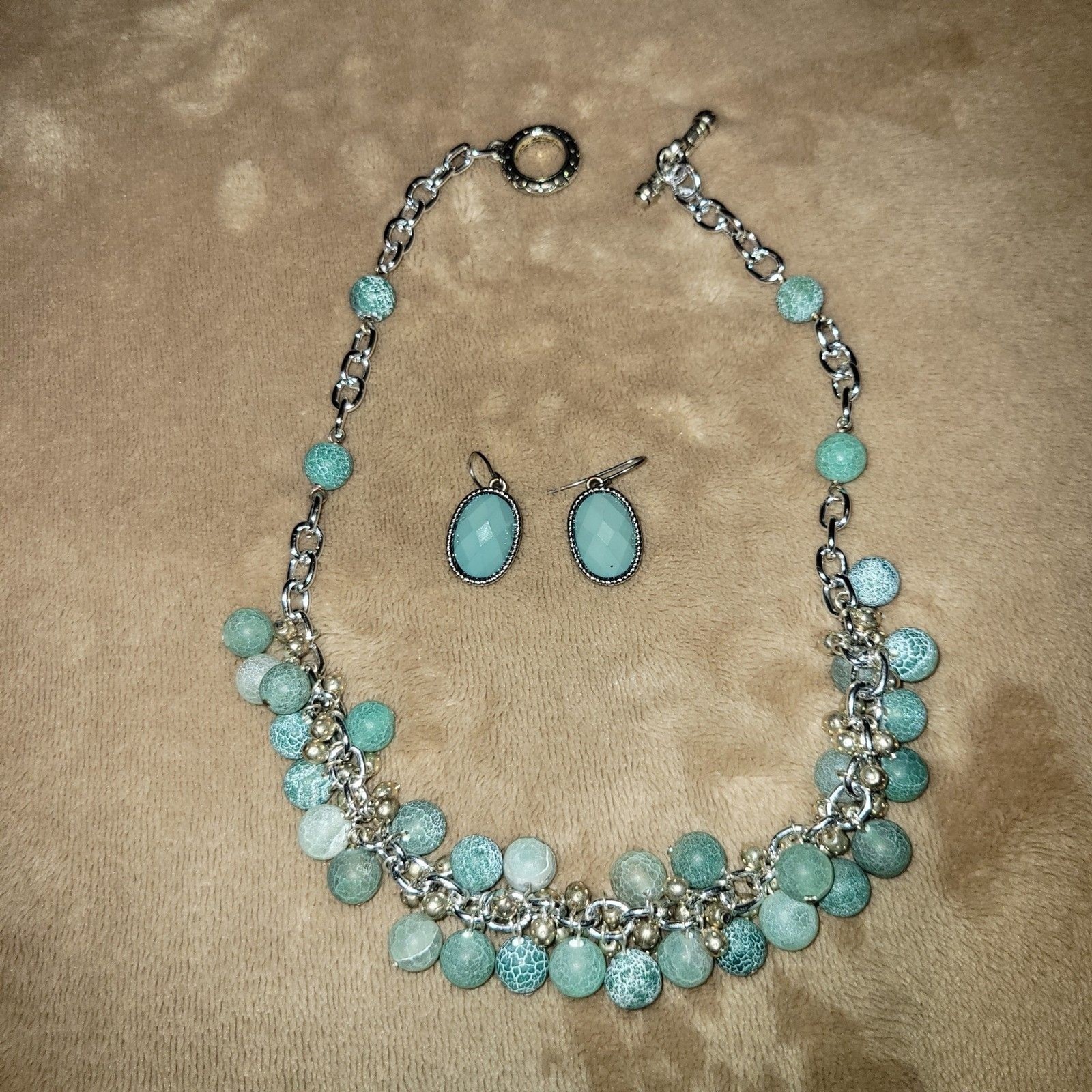 Vintage Style Turquoise Beaded Necklace & Drop Earrings Set Adjustable Toggle