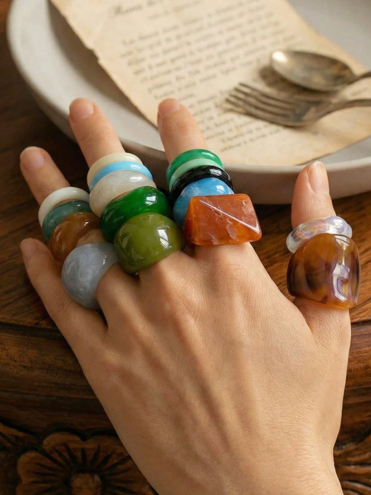 15PCS Geometric Transparent Resin Rings – Acrylic Crystal Ring Set Women Jewelry