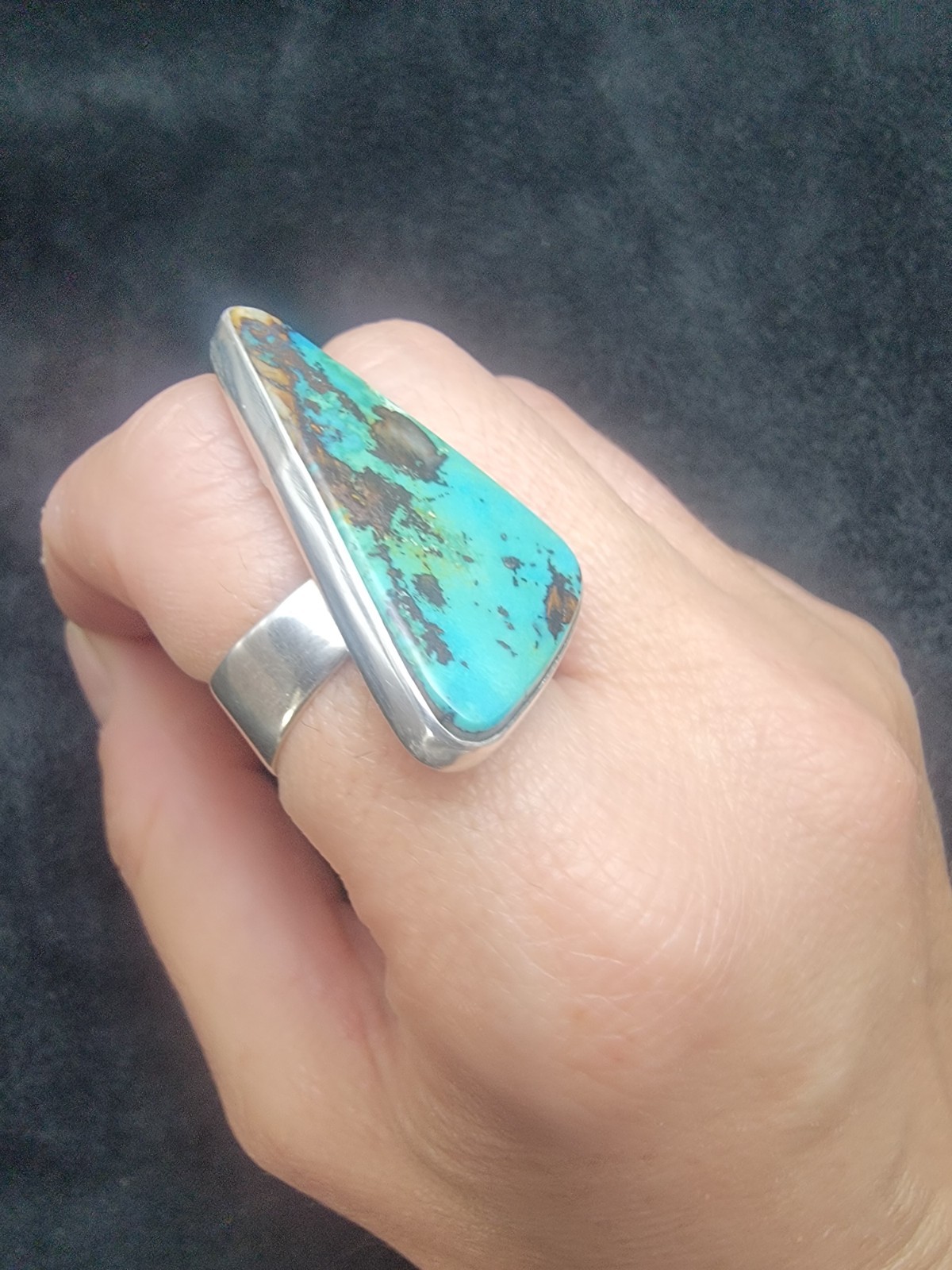 Big Blue Green Royston Turquoise Stone Adjustable Ring Signed 925 Sterling 13.5g