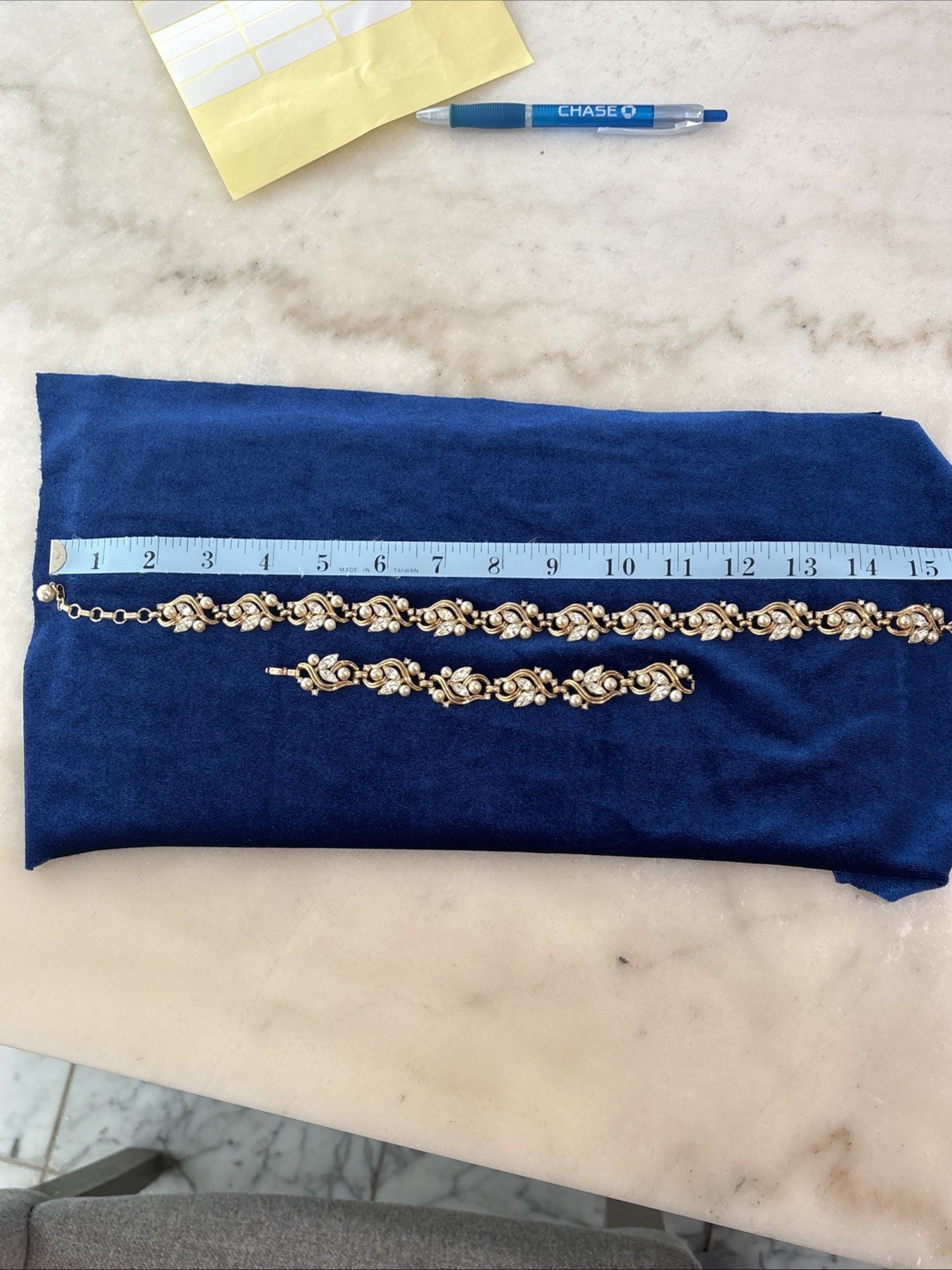 Vintage Midcentury Jewelry Set Signed Trifari. Goldtone, Faux Pearl & Rhinestone