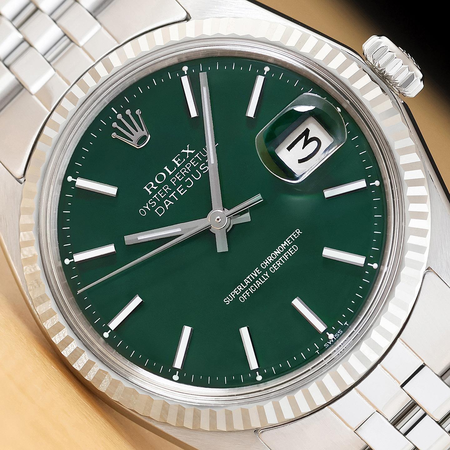 ROLEX MENS DATEJUST 18K GOLD STEEL GREEN DIAL WATCH w/ FOLDED JUBILEE BRACELET