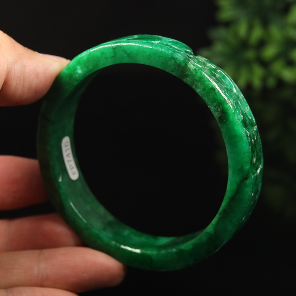 61mm Emerald Green Jadeite Jade Bangle Bracelet Coin Ruyi Flower Rabbit A-14885