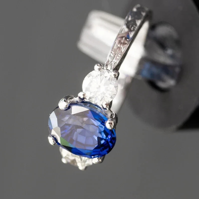 2.80 Ct Oval Natural Sapphire & Diamond Wedding Ring Sterling Silver
