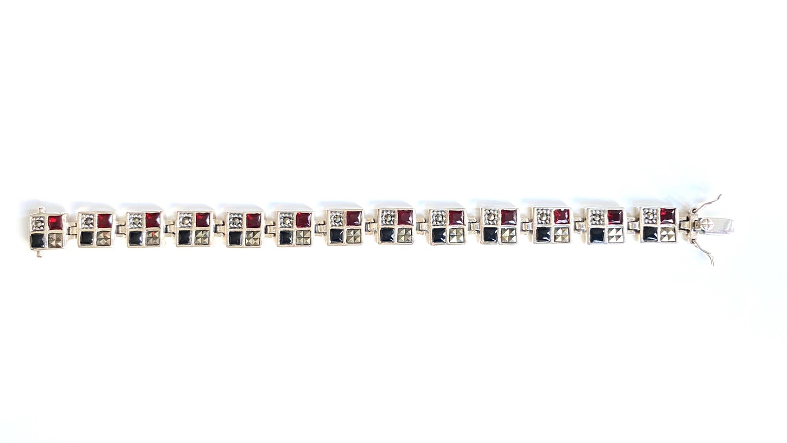 GARNET ONYX Squares BRACELET w/ Marcasite 925 STERLING SILVER (7.5 inch Long)