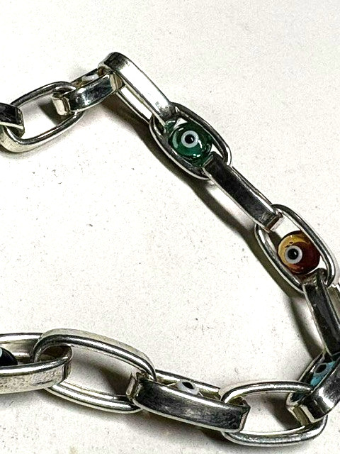 925 Sterling Silver and Articulated Evil Eye Art Glass Link Bracelet