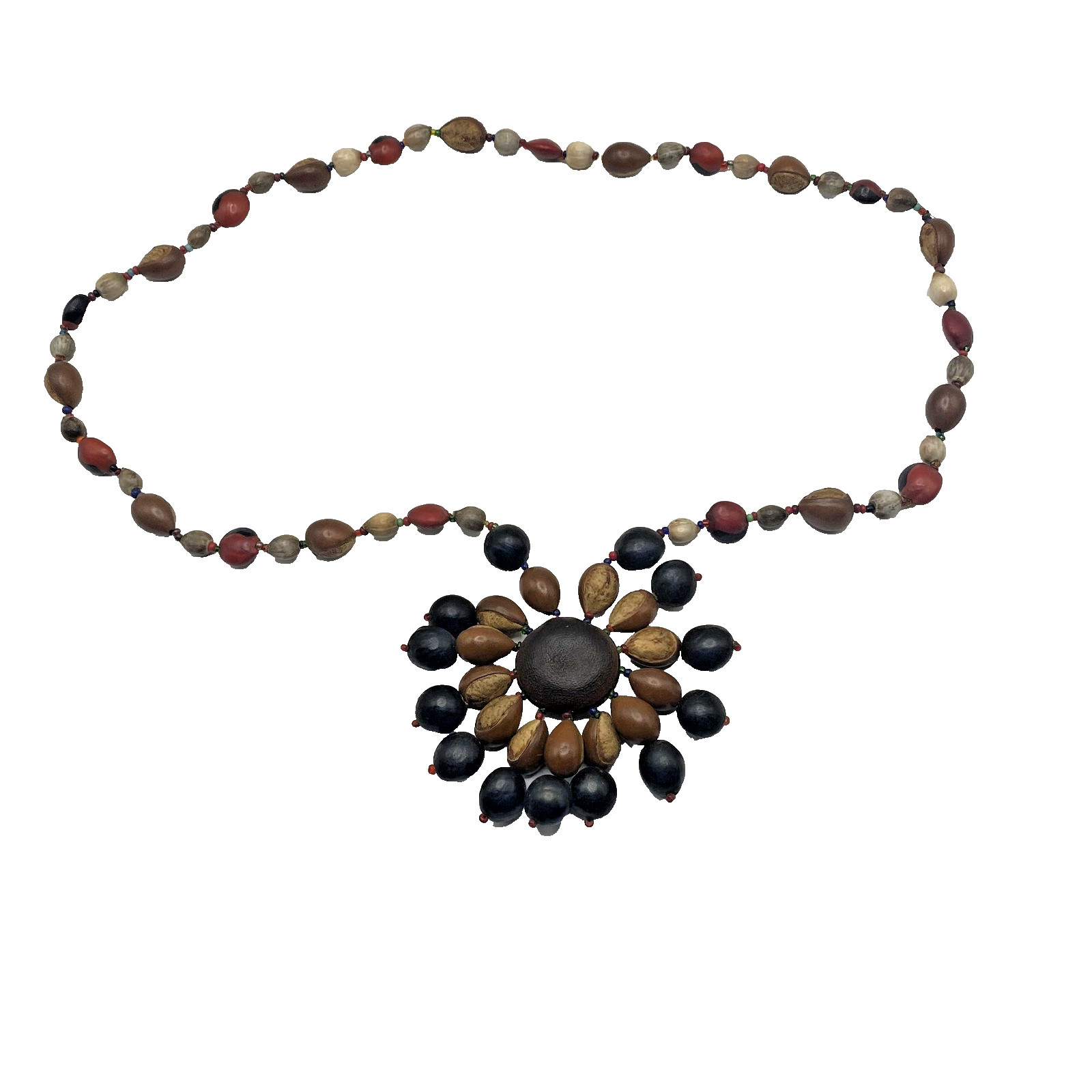 Vintage Handmade Wood Seed Beaded Flower Statement Necklace Buckeye Acorn 26in