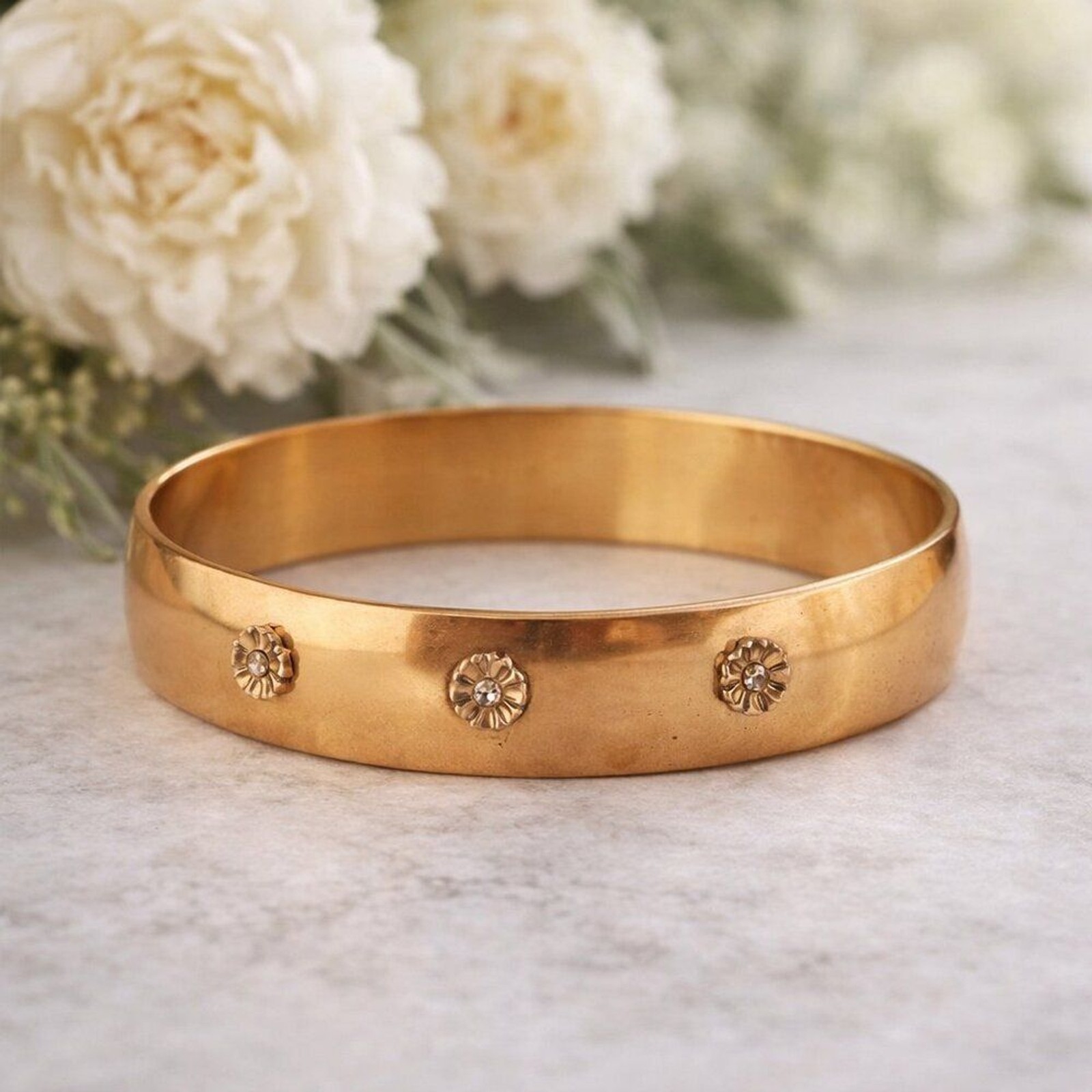 Copper Cuff Bracelet Floral Stud Boho Vintage Adjustable
