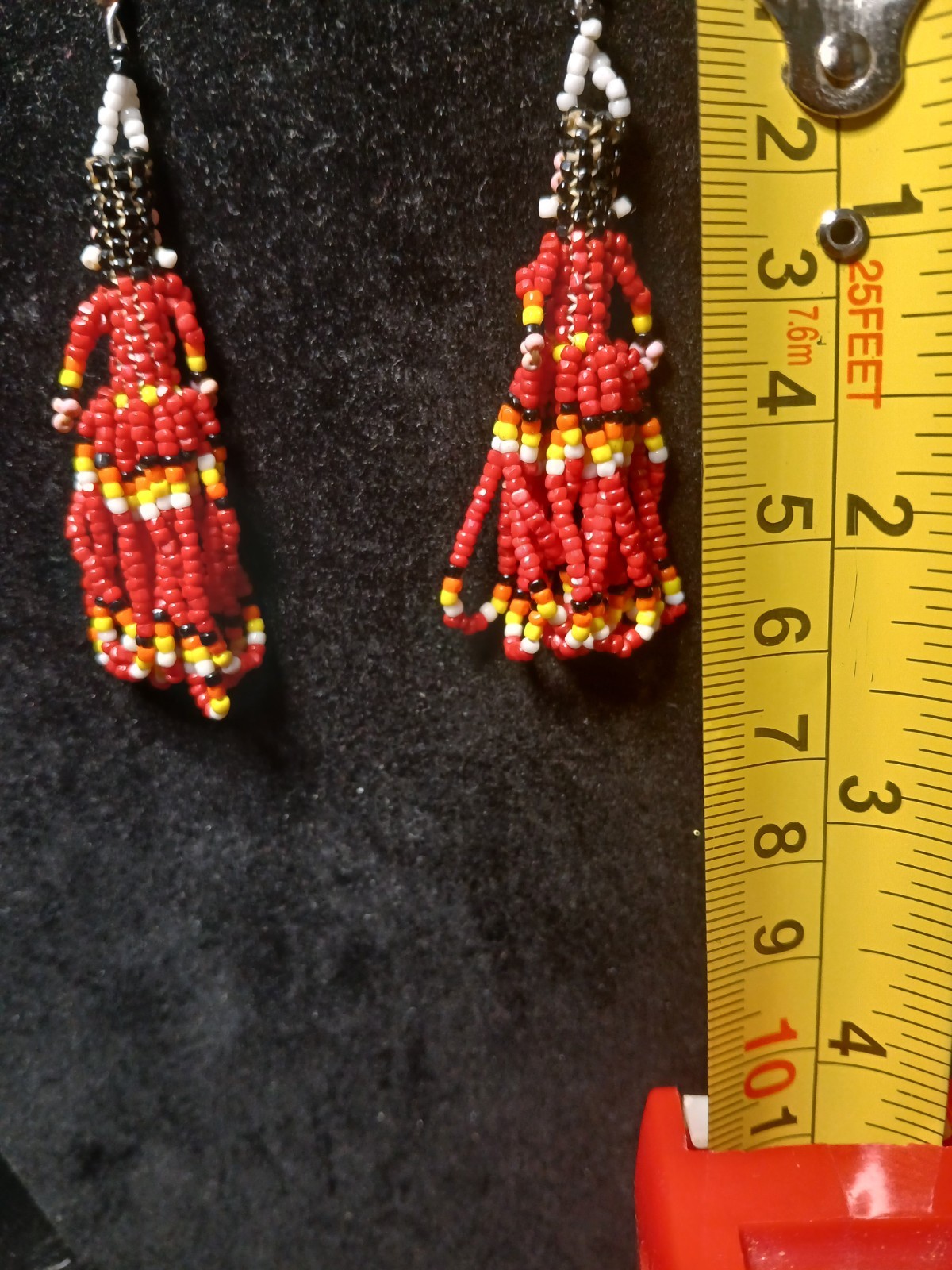 Handmade First Nation Woman Earrings With White Red Black And Yellow Seedbeads