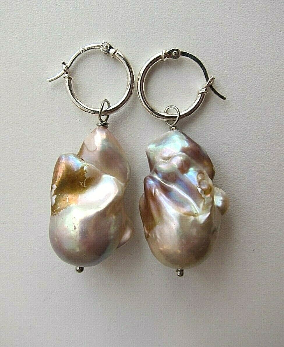 Huge Purple South Sea Keshi Reborn Pearl Drop Earrings on Silver Hoop 25 29mm.
