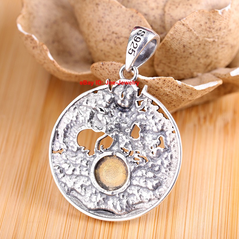 S925 Real 925 Sterling Silver Round Dragon Pendant Amulet 17-18g 1.69inch H