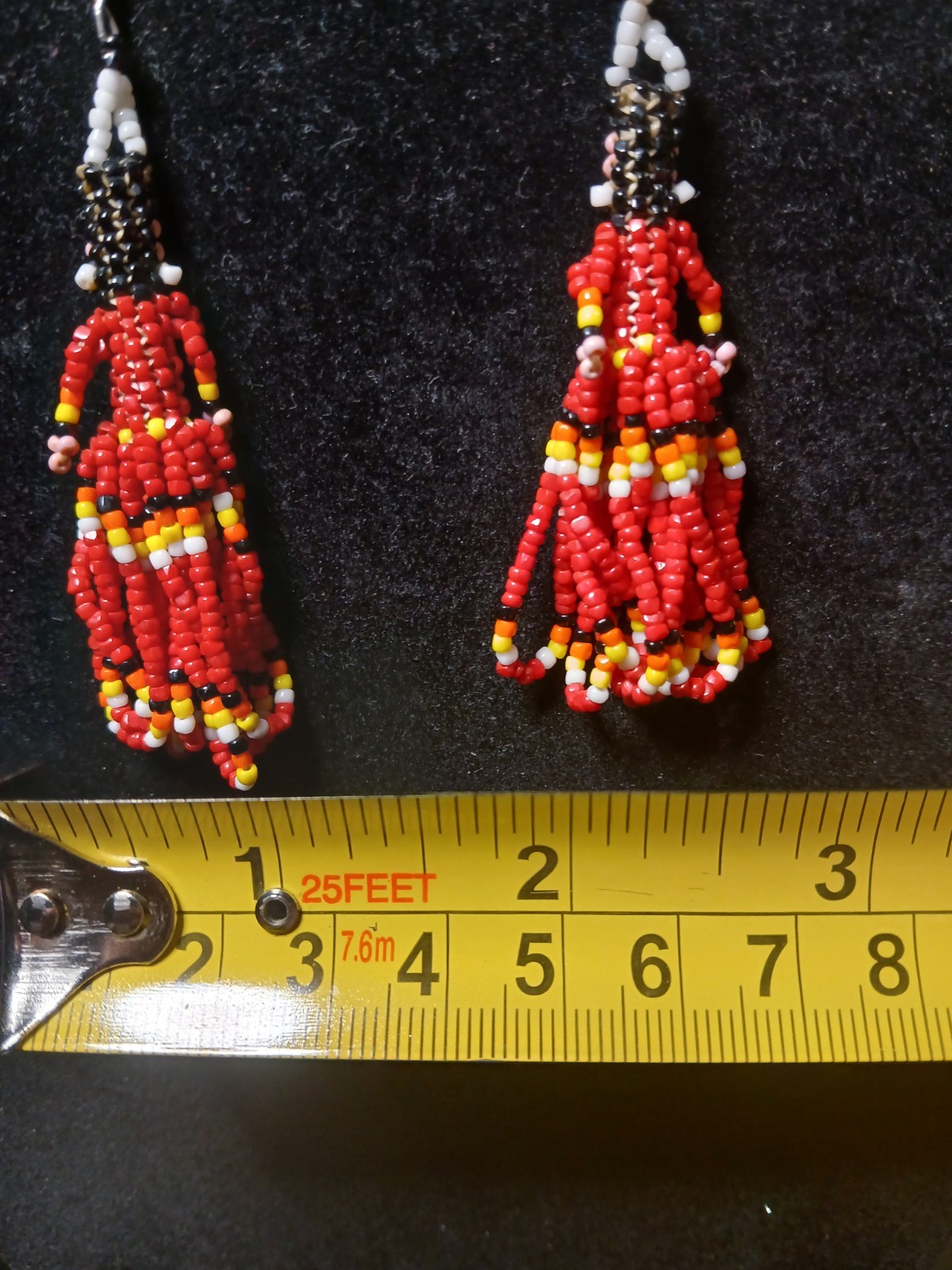 Handmade First Nation Woman Earrings With White Red Black And Yellow Seedbeads