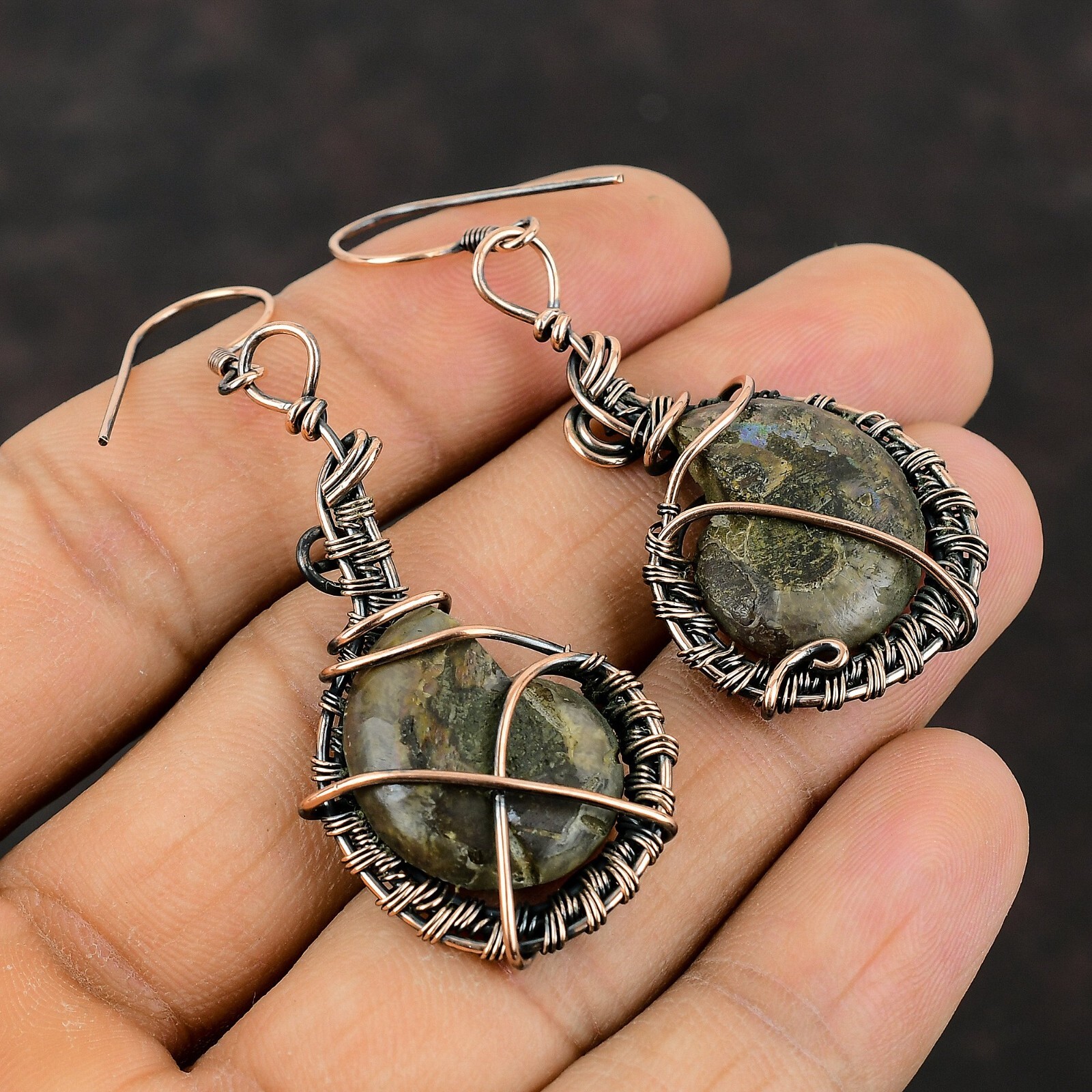 Women Day Gift Ammonite Fossil Copper Wire Wrapped Drop/Dangle Earrings 2.36″