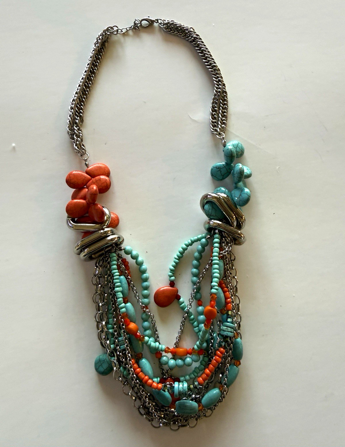 Turquoise & Coral Beaded Multi-Strand Layered Statement Necklace Lobster