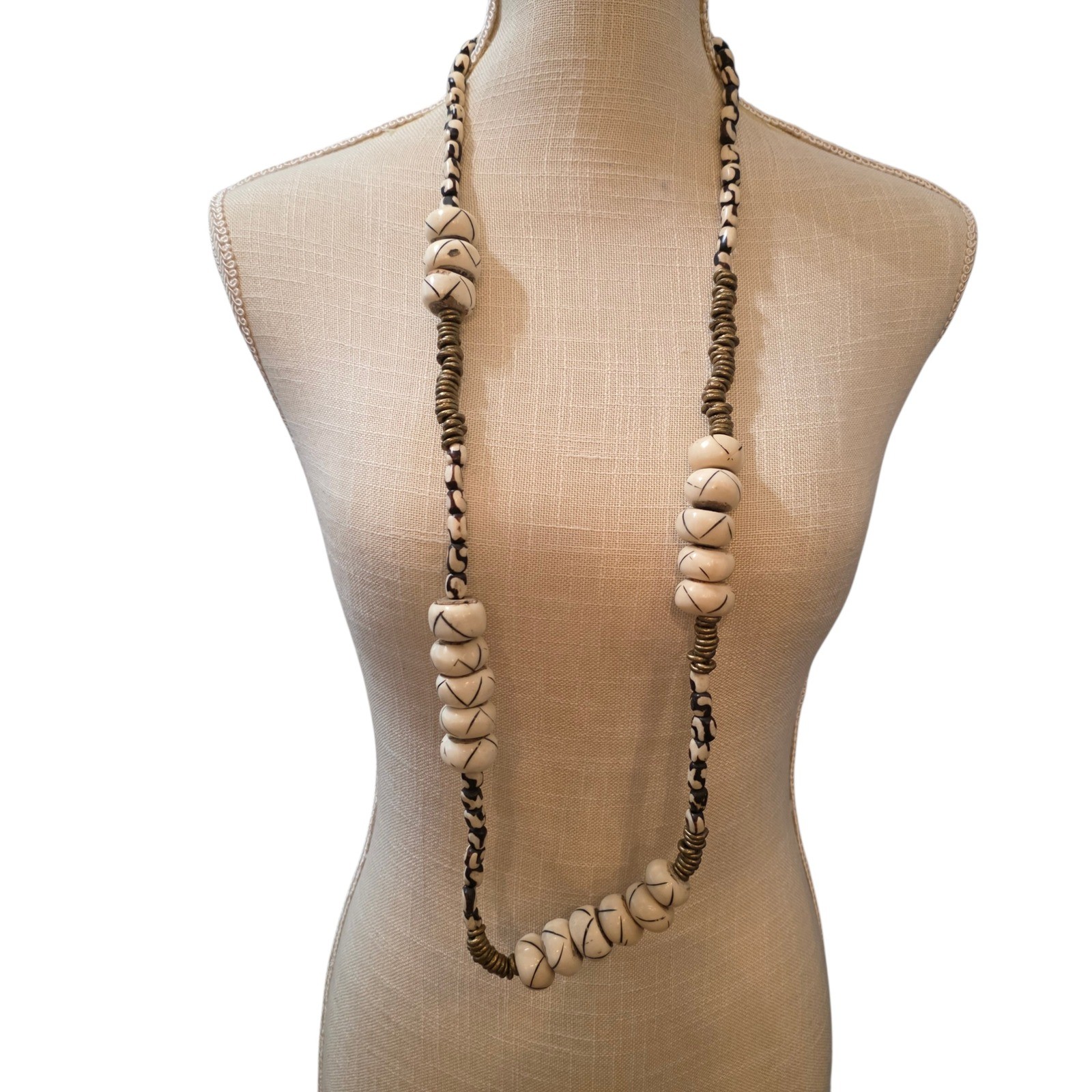 Unique Statement Necklace Cream White Beads Black Patterned Cord Boho