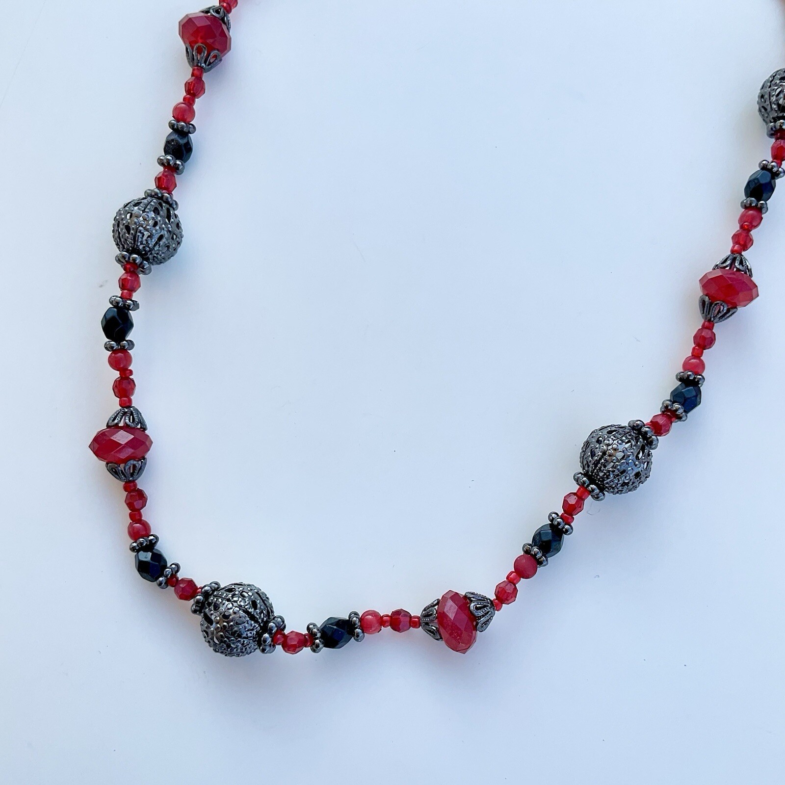 1928 Jewelry Red & Black Ornamental Beaded Necklace, 19” Adjustable