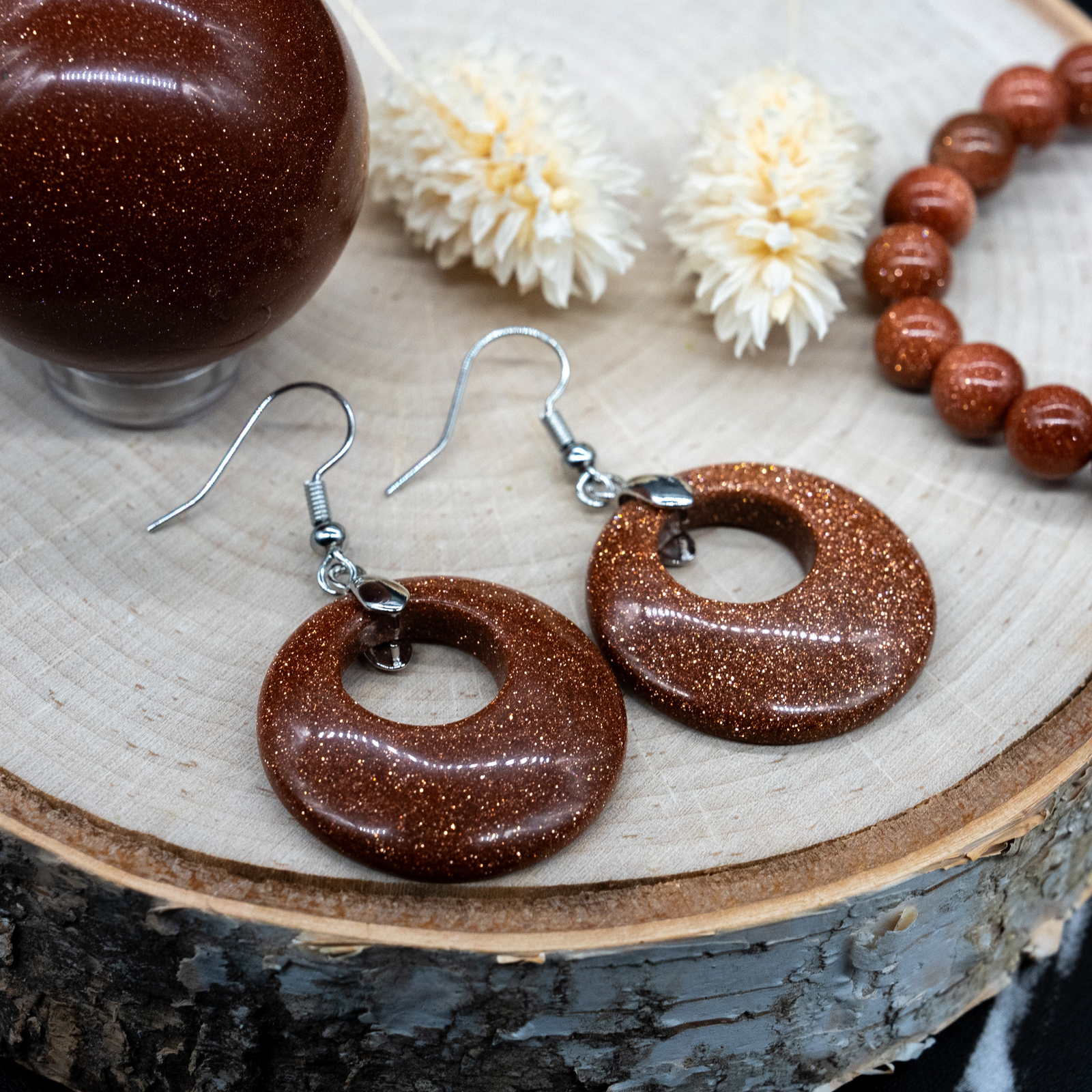Goldstone Crystal Earrings Gold Sandstone Circle Silver Womens Jewelry Gold Gift