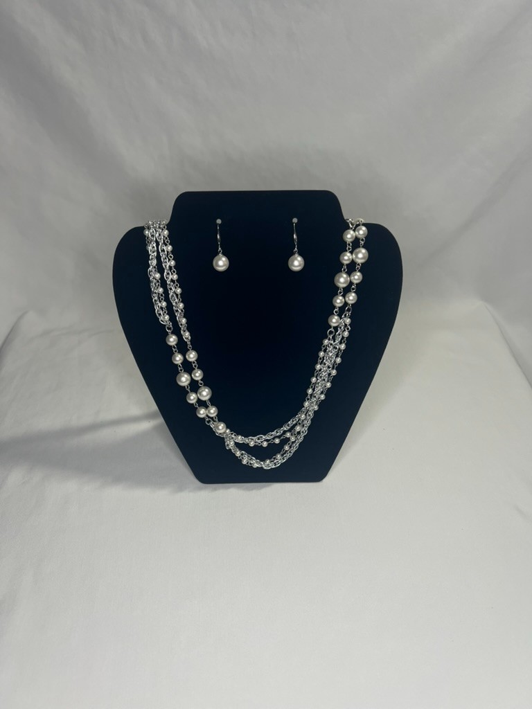 4Pc Faux Pearl Jewelry Set Layered Station Chain Necklace Dangle Earrings Silver