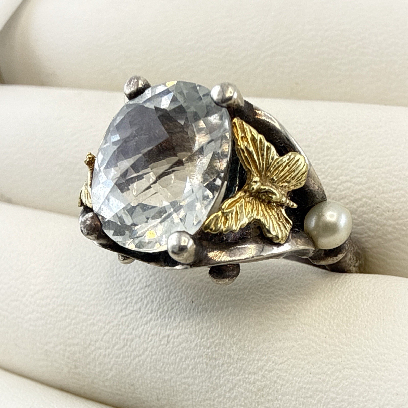 Ann King Ring 18k Gold Sterling Silver Butterfly Bug Pearl White Topaz Size 7