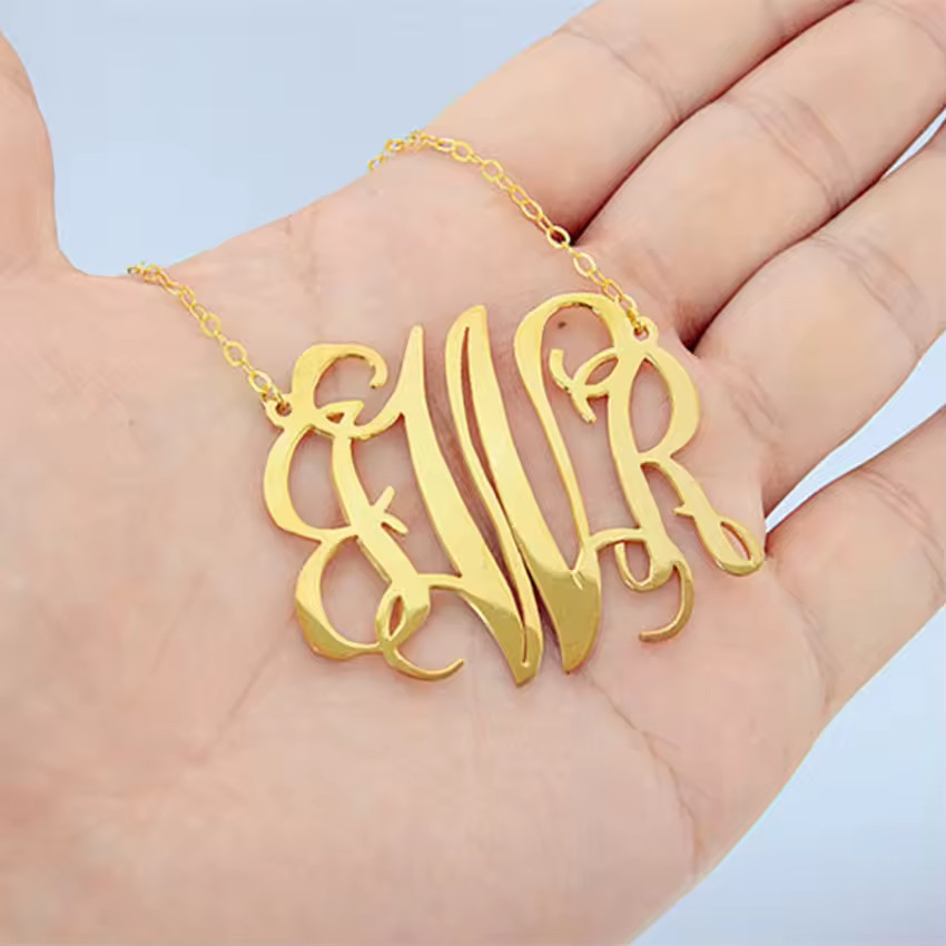 Custom Monogram Necklace Name Initials Pendant Personalized Jewelry Gold Silver