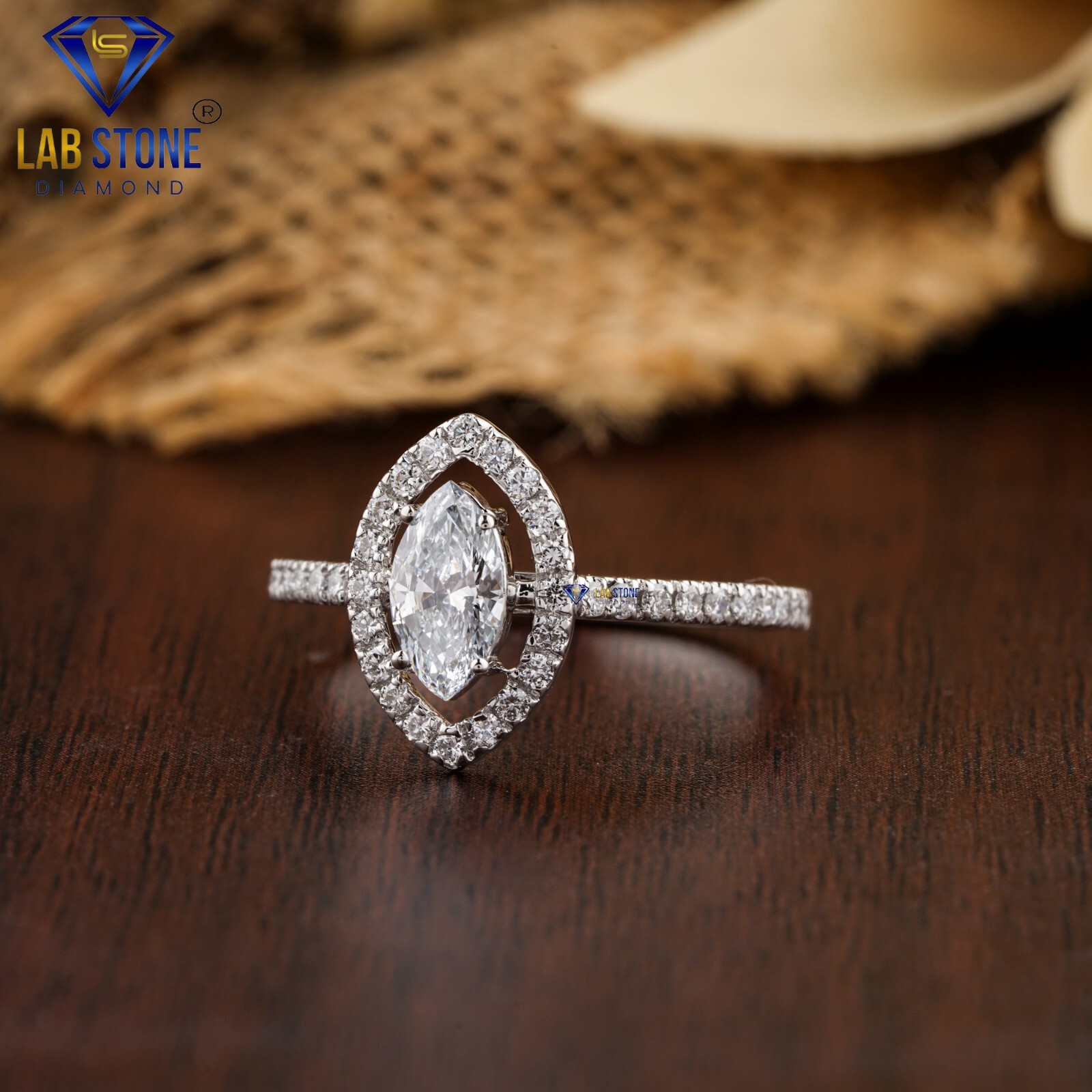 0.83 TDW Marquise & Round Lab Grown Diamond Halo Ring 18k White Gold