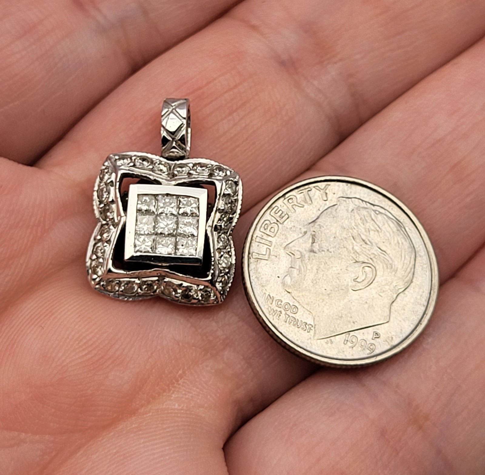 Heavy! 18K White Gold Square Princess Cut Diamond Pendant Charm Signed H.O.B.