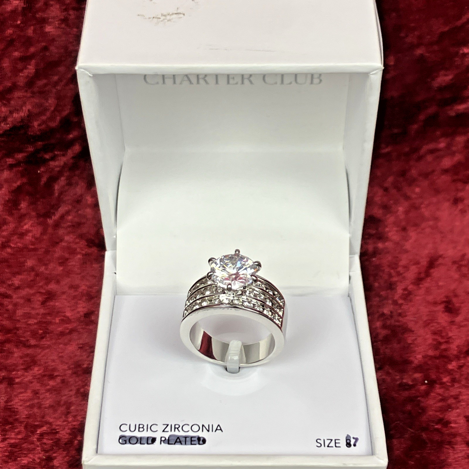 Charter Club Crystal Triple Row Solitaire Ring In Silver Plate Sz 7 NIB $35