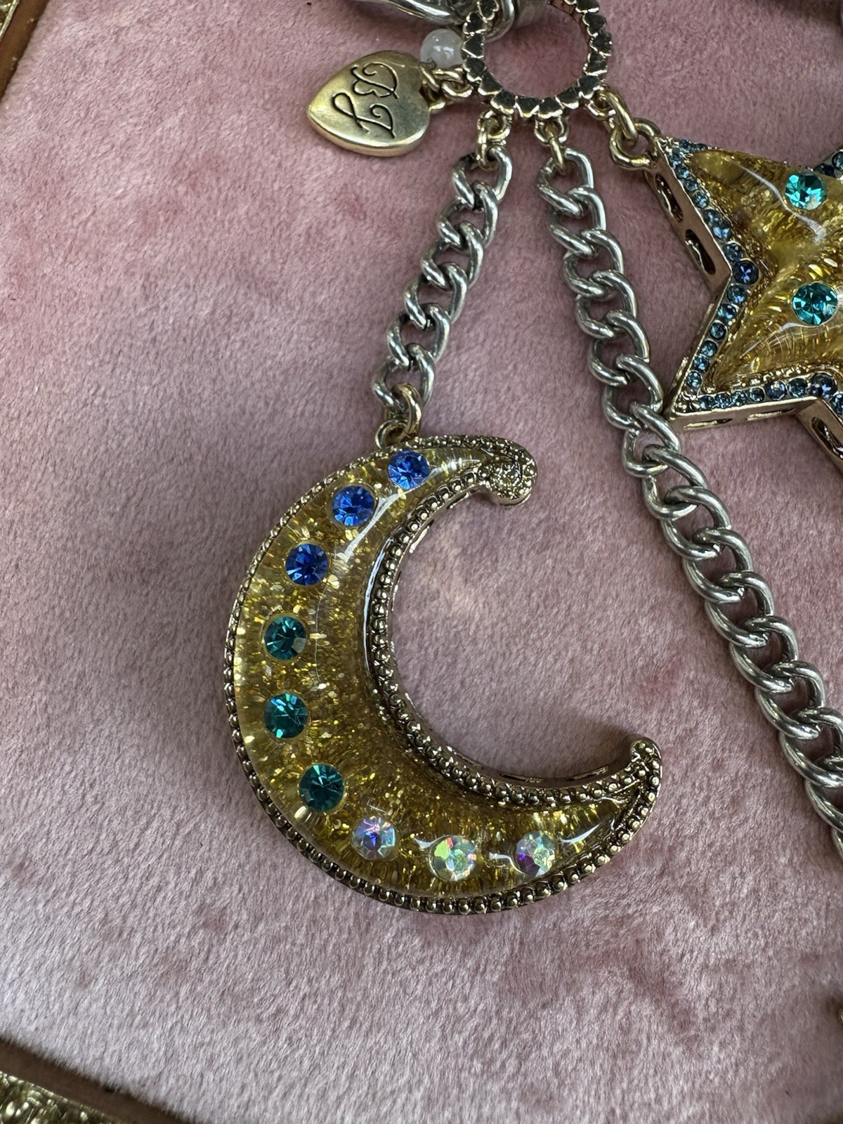 Betsey Johnson Vintage Heavens to Betsey Moon Star Sun Lucite Glitter Necklace