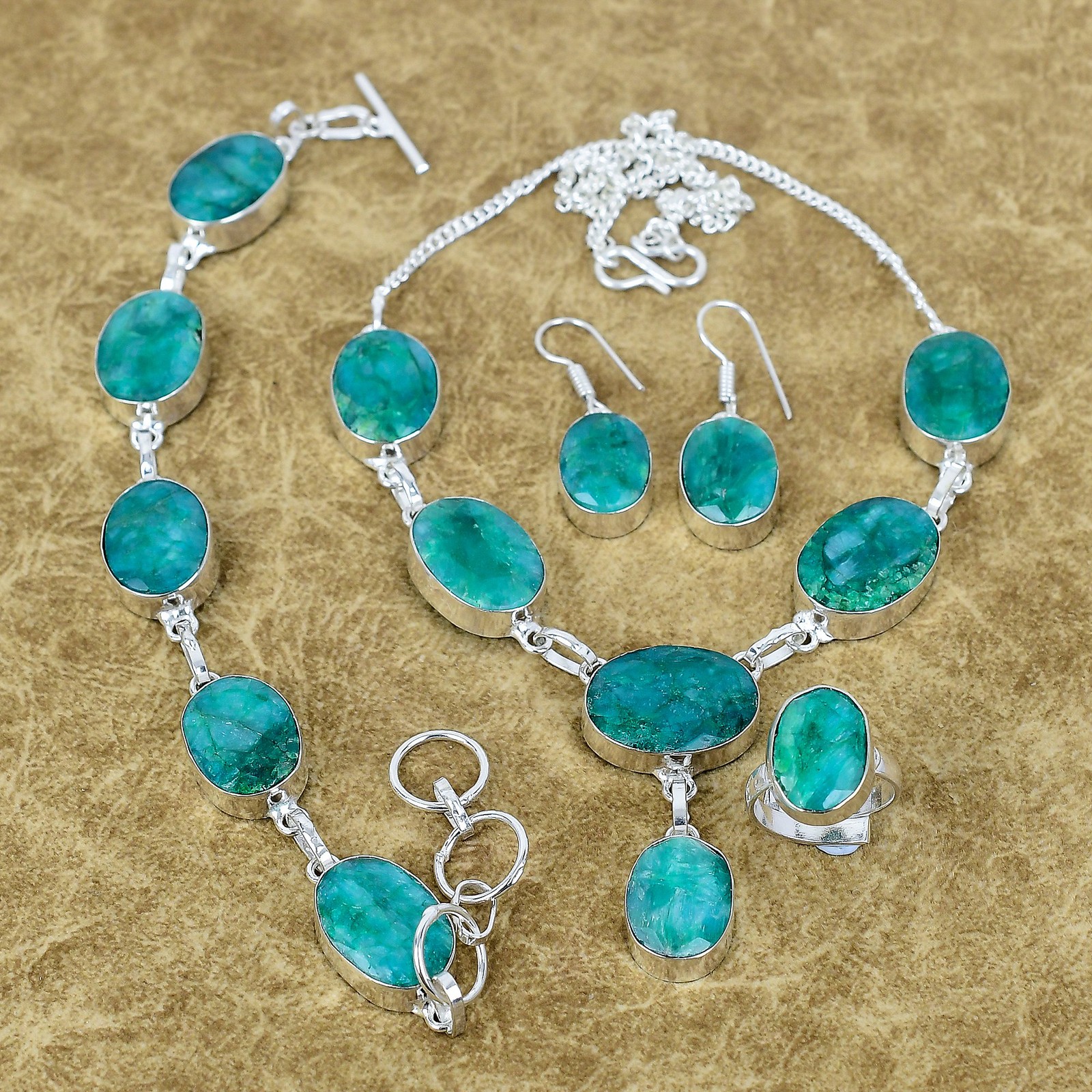 Natural Zambian Emerald Gemstone Handmade 925 Sterling Silver Oval Jewelry Set