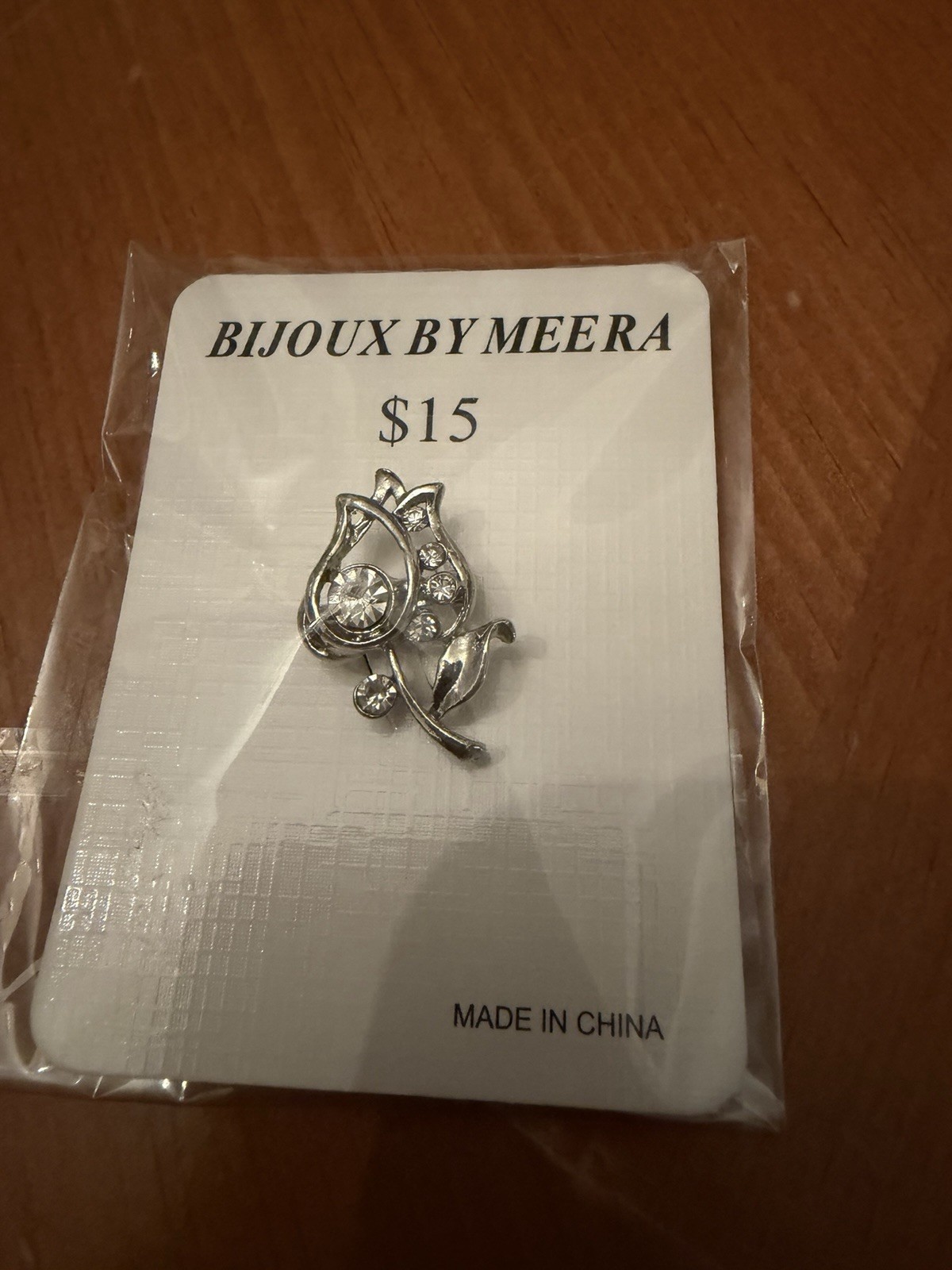 NWT Bijoux By Meera Silver Tone Clear Rhinestone Tulip Flower Pin Brooch Sealed