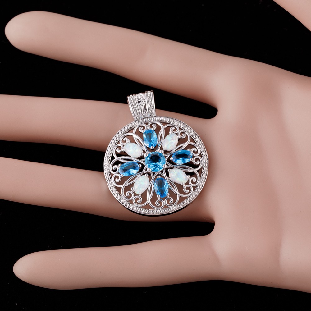 Round 4×6 Simulated Blue Topaz White Fire Opal Silver Jewelry Necklace Pendant
