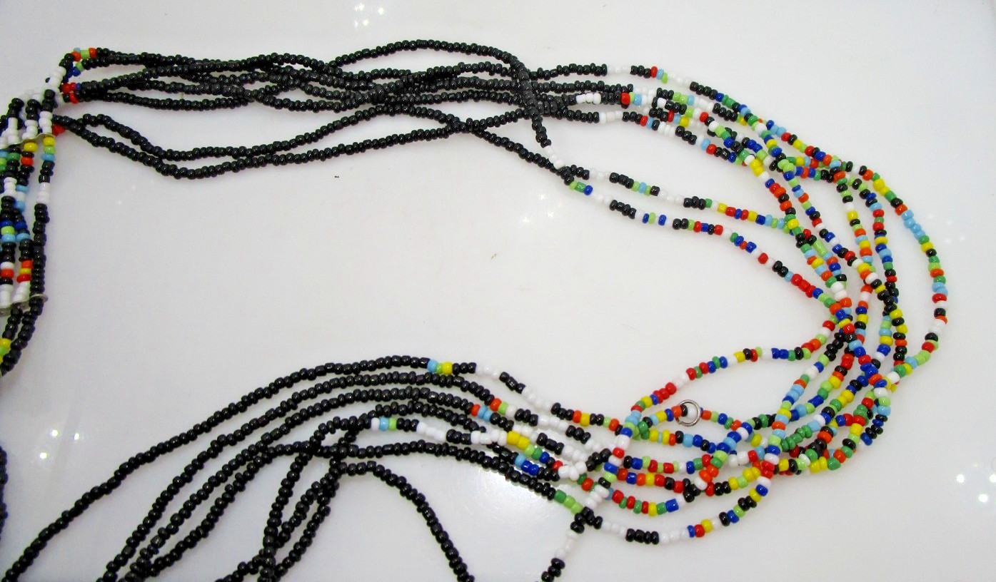 Southwestern 7 Stand Micro Multi Color Black Seed Bead Boho Necklace 28″