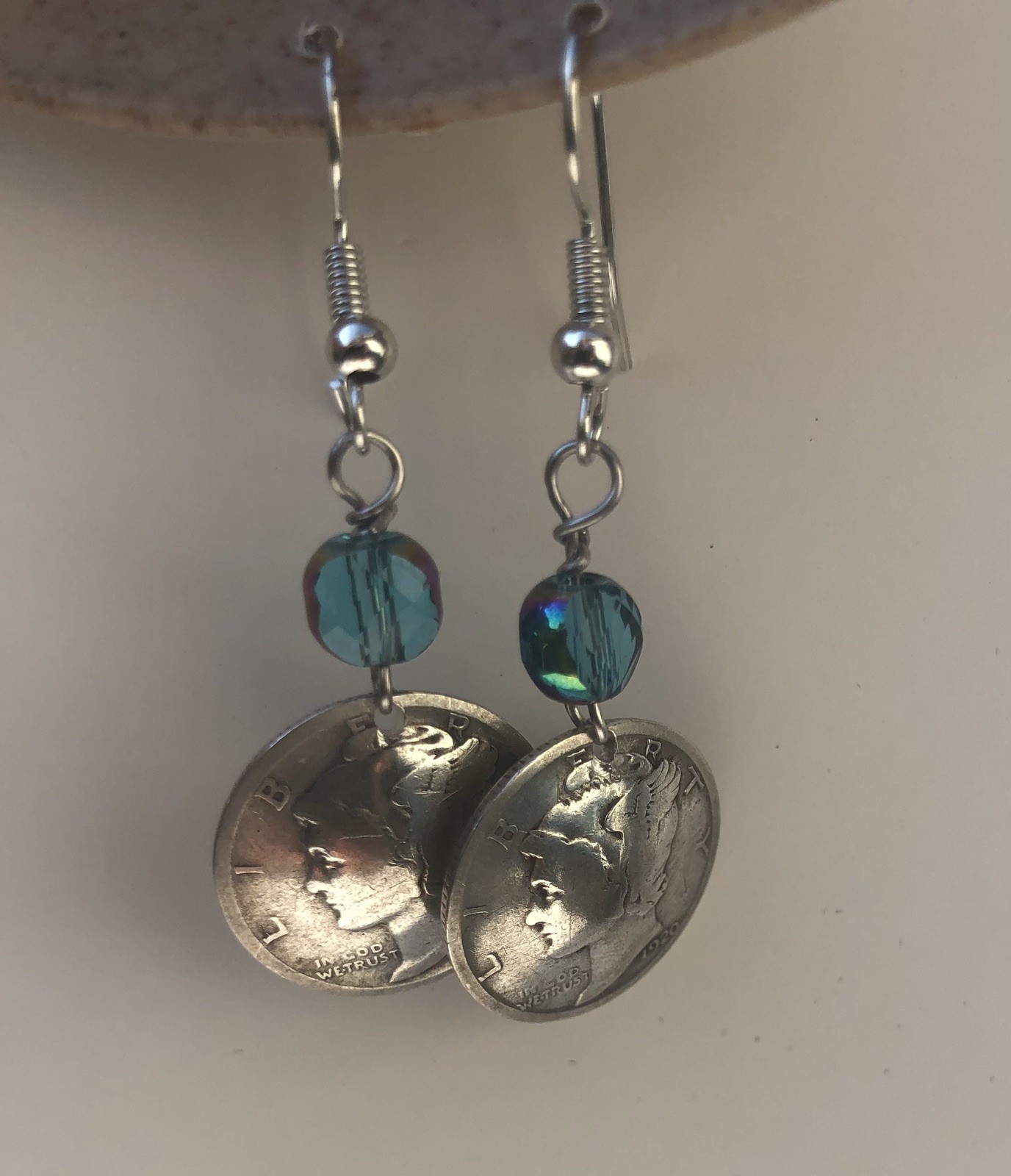 1pair Mercury Dime & Birthstone Crystal Earrings, Color Varies, See Description