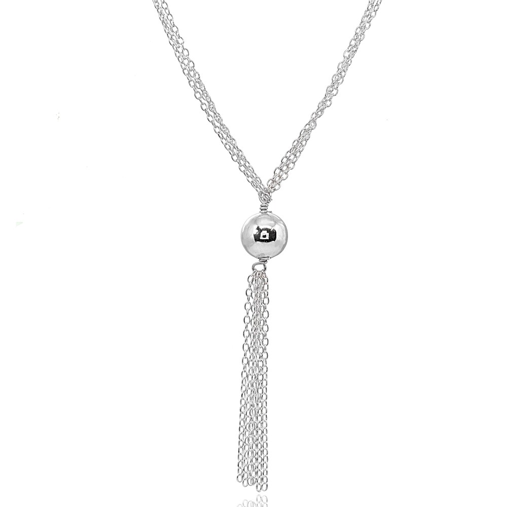 Polished Bead Layered Chain Lariat Y-Necklace in Sterling Silver