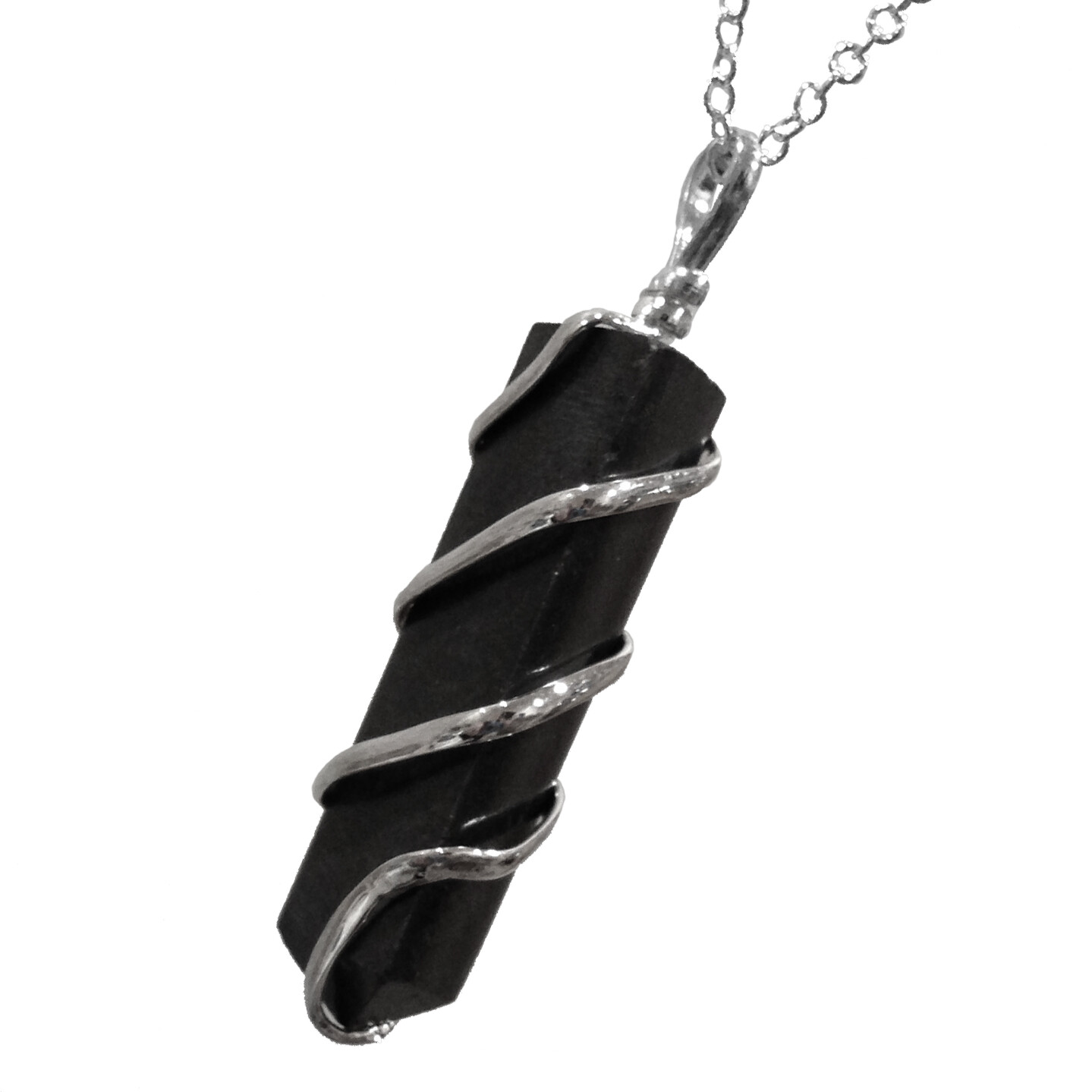 Black Tourmaline Spiral Wire Wrap Pendant Point Chakra Crystal Silver Necklace