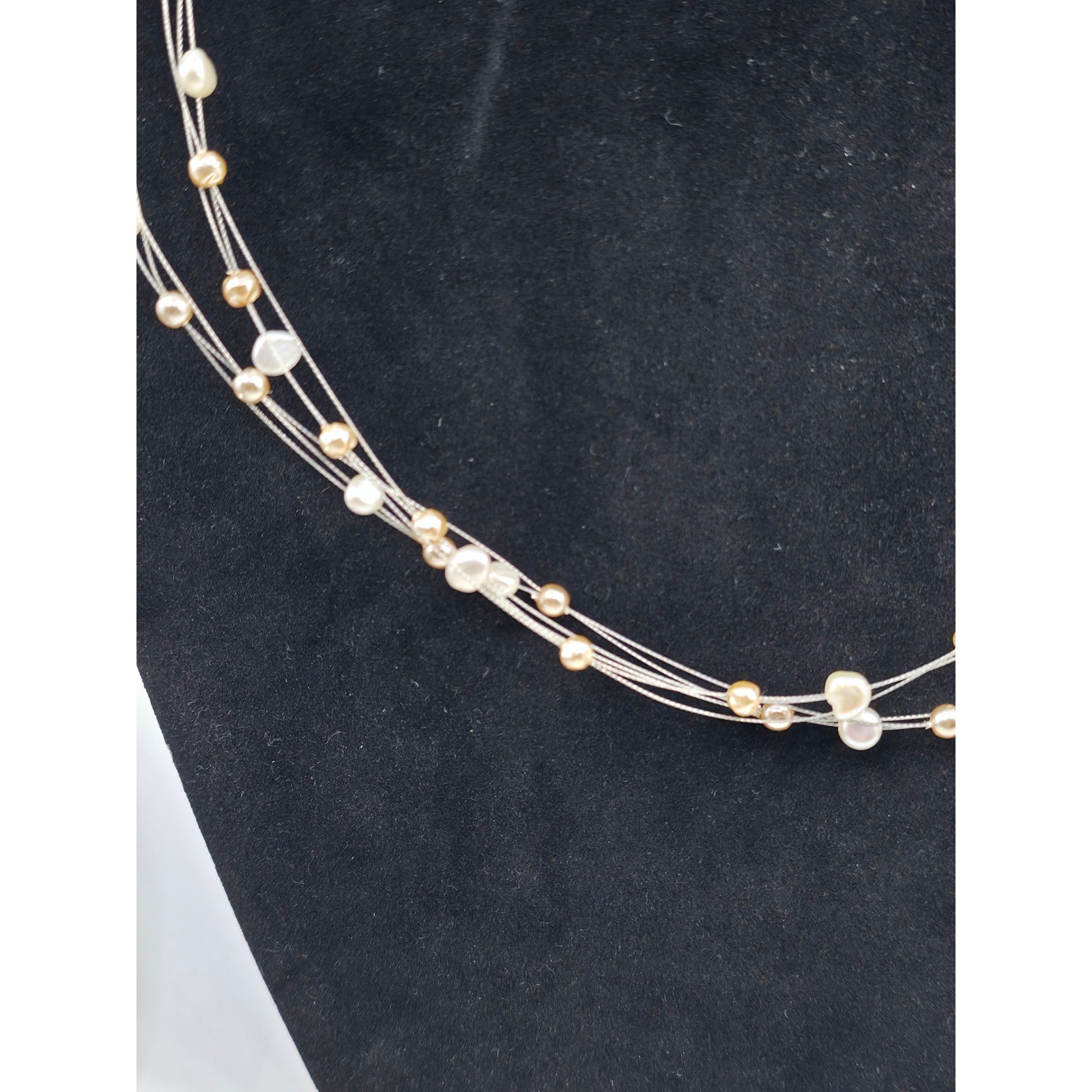 Sterling Silver Floating Pearl Triple Strand Necklace Champagne Cream 16 Inch