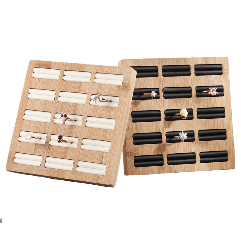 Bamboo 15 Grid Rings Storage Tray Jewelry Display Rack Organizer Shelf Showcase
