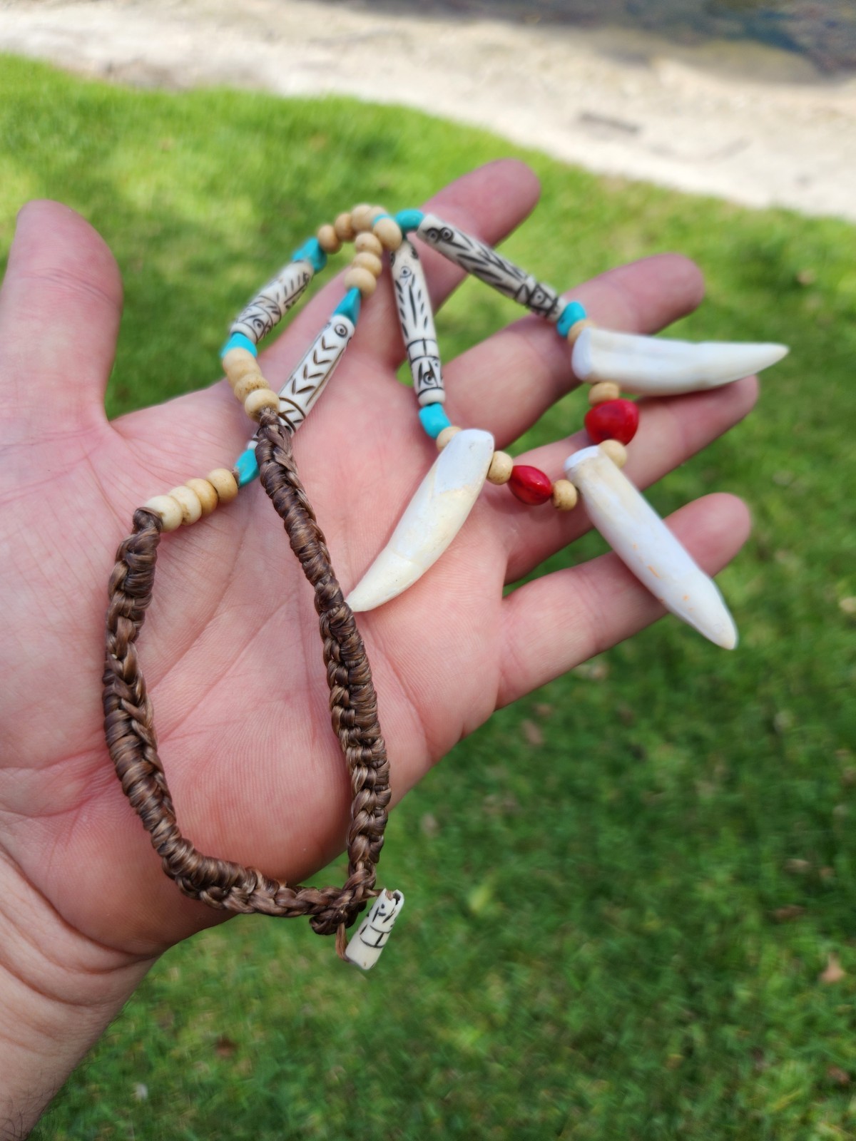 Warrior Shaman style three teeth real Alligator tooth bones turquoise coral