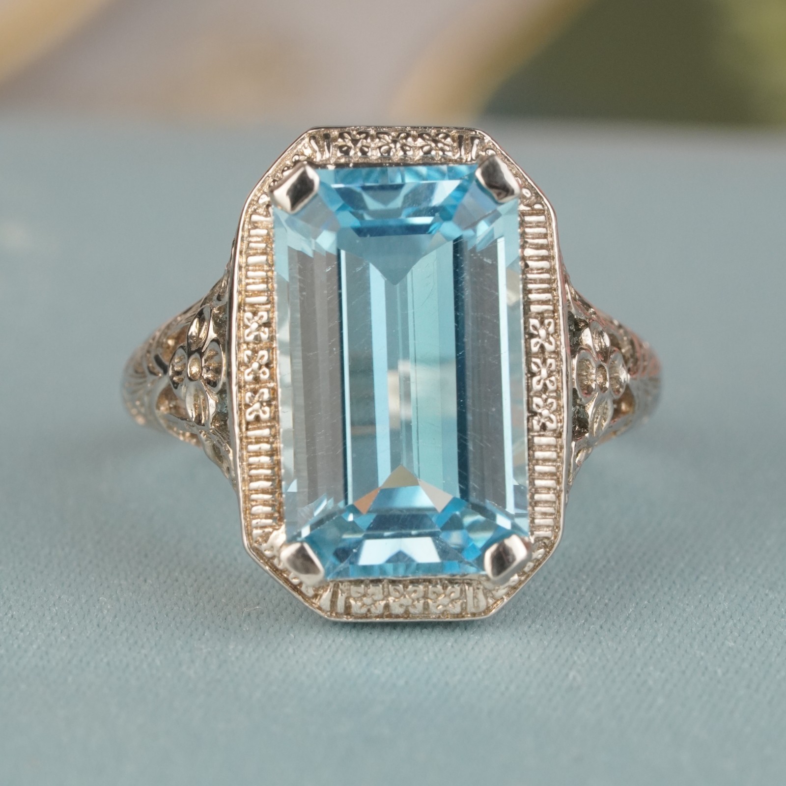 Silver925 Natural Blue Topaz Vintage Style Filigree Ring
