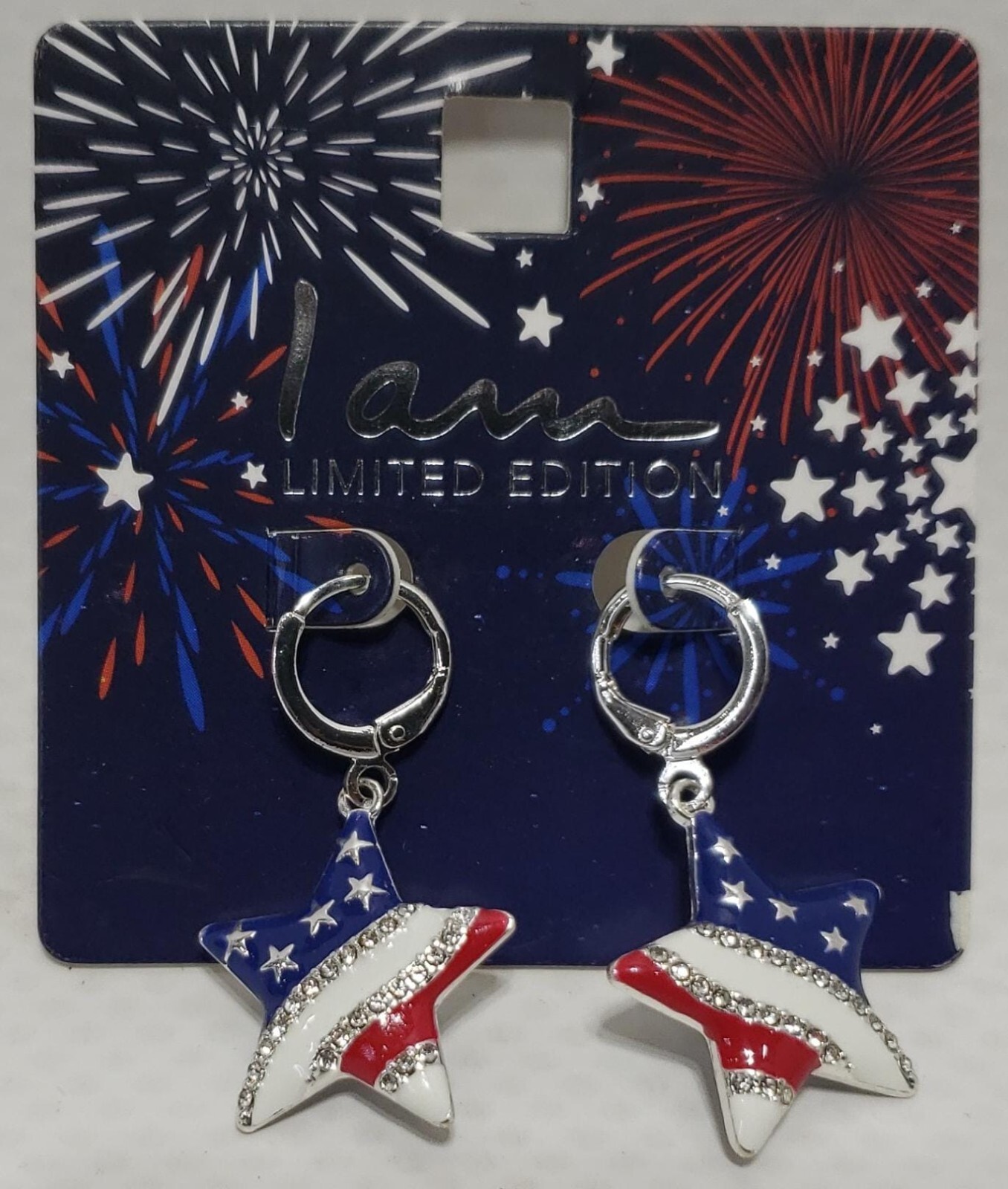 I Am Limited Edition Patriotic Red White Blue Star Necklace & Dangle Earring Set
