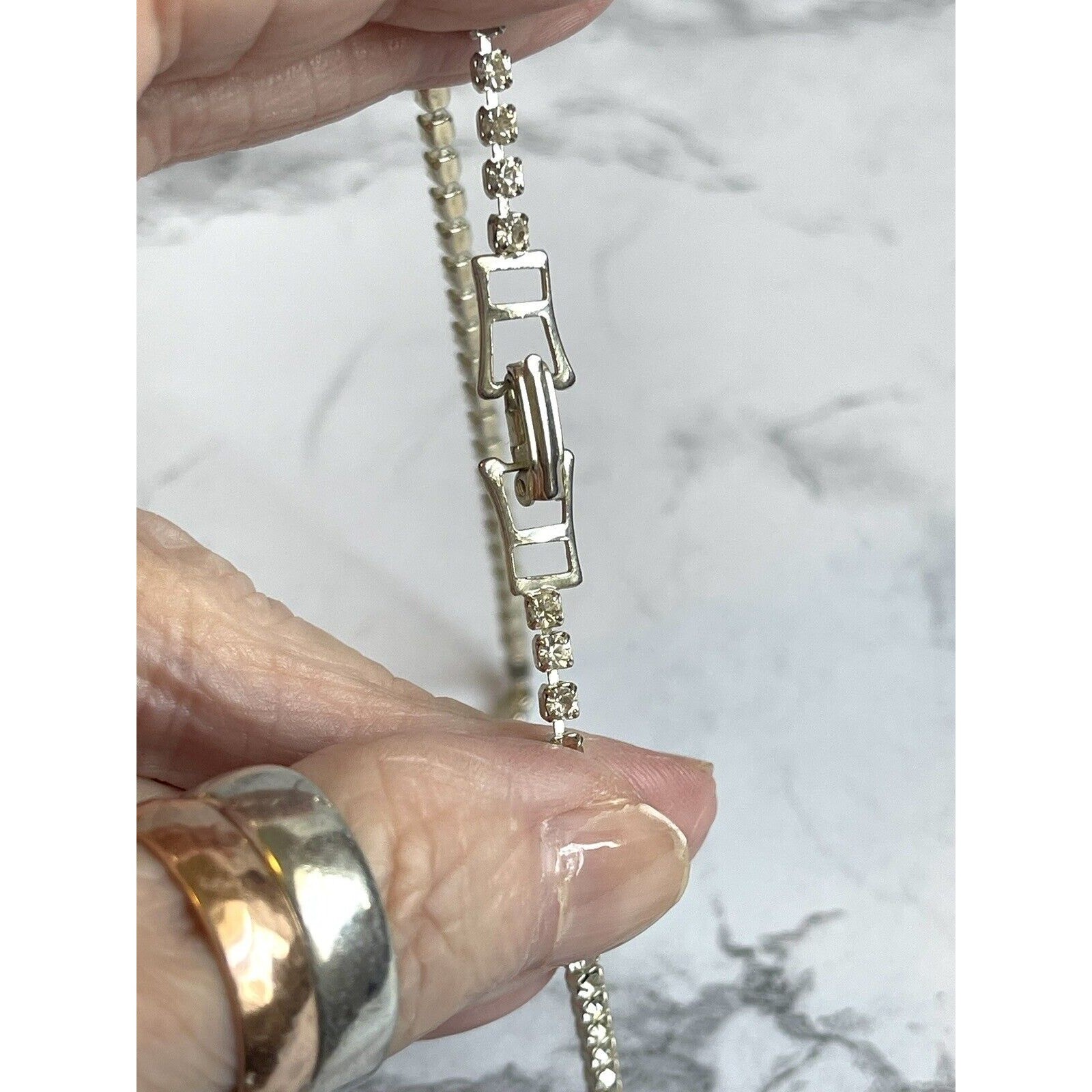 Vintage Chevron Rhinestone Silver Tone Necklace Blingy Choker Fold-Over Clasp