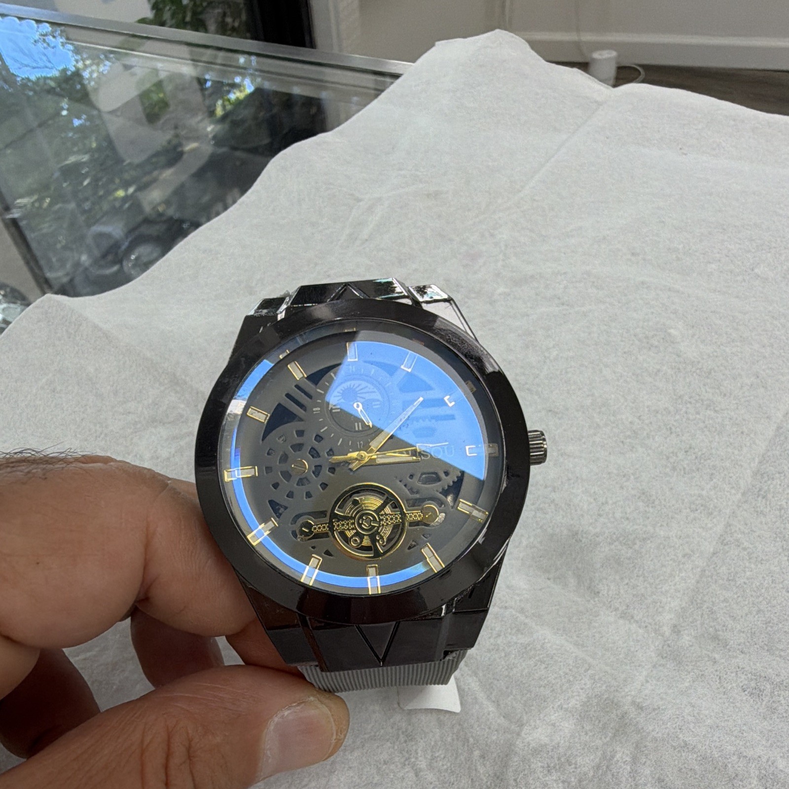 Jiusou Mechanical Automatic Skeleton Dial Analog Watch Black Case Gray Strap