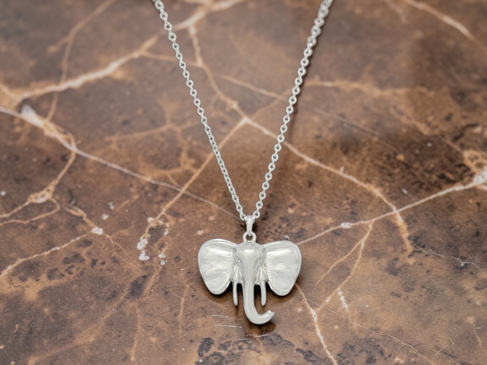 Silvertone Textured Elephant Head Necklace