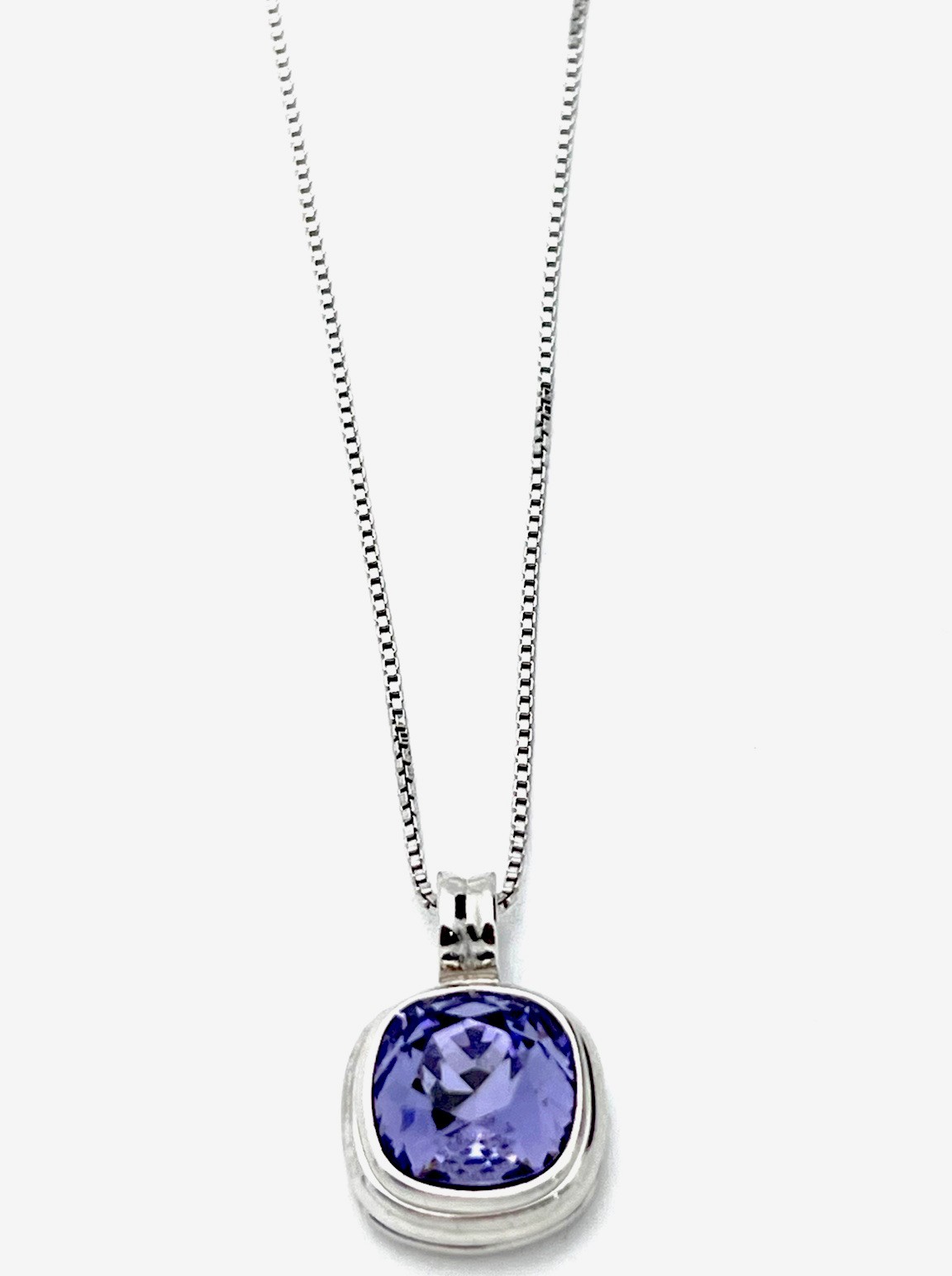 Sterling Silver 925 6.7 Gram Bezel Set Pillow Cut Tanzanite CZ  Necklace 18”